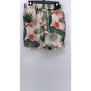 SHEIN Men's White-Green Palm Print Tropical Swim Shorts SZ M